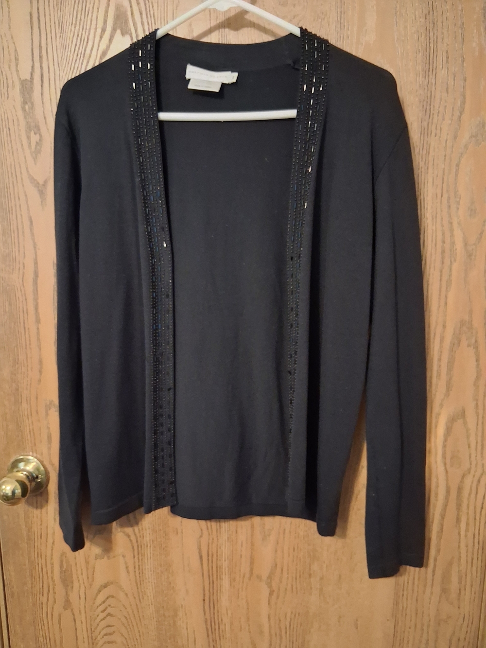 Open-Front Black Cardigan with Beaded Trim